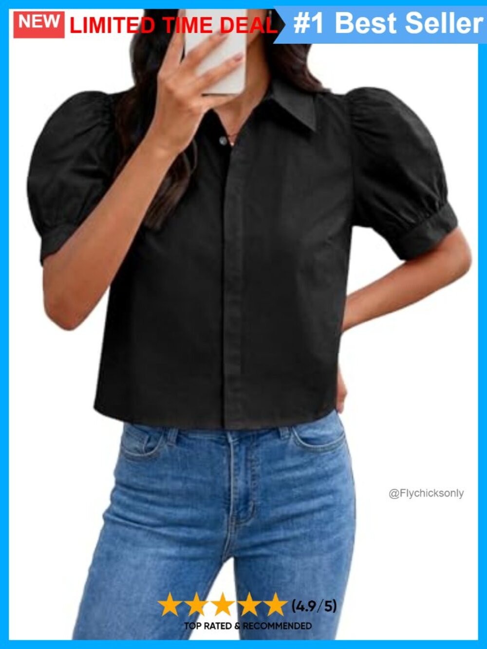 Womens Cropped Button Down Shirt Puff Short Sleeve Cotton Blouse